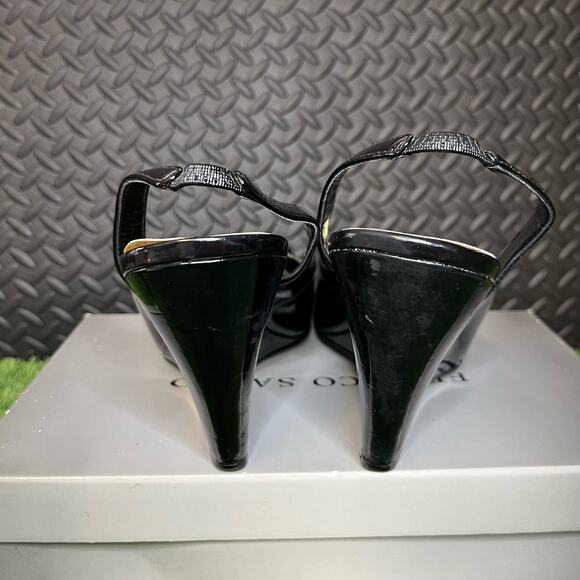 Franco Sarto black wedge Gold Buckle open Toe Heels Womans Size 10 - Picture 4 of 6